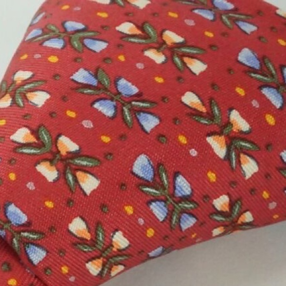 Hermes 7798 FA‎ Cherry Red Pasel Floral Bunches 100% Silk Tie Made in France - Picture 5 of 5